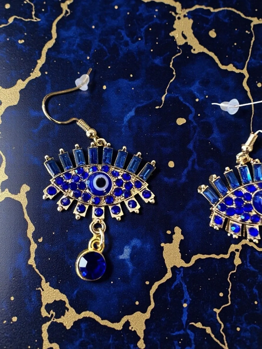 Gold-Tone Evil Eye Drop Earrings with Royal Blue Crystals - Women Jewelry
